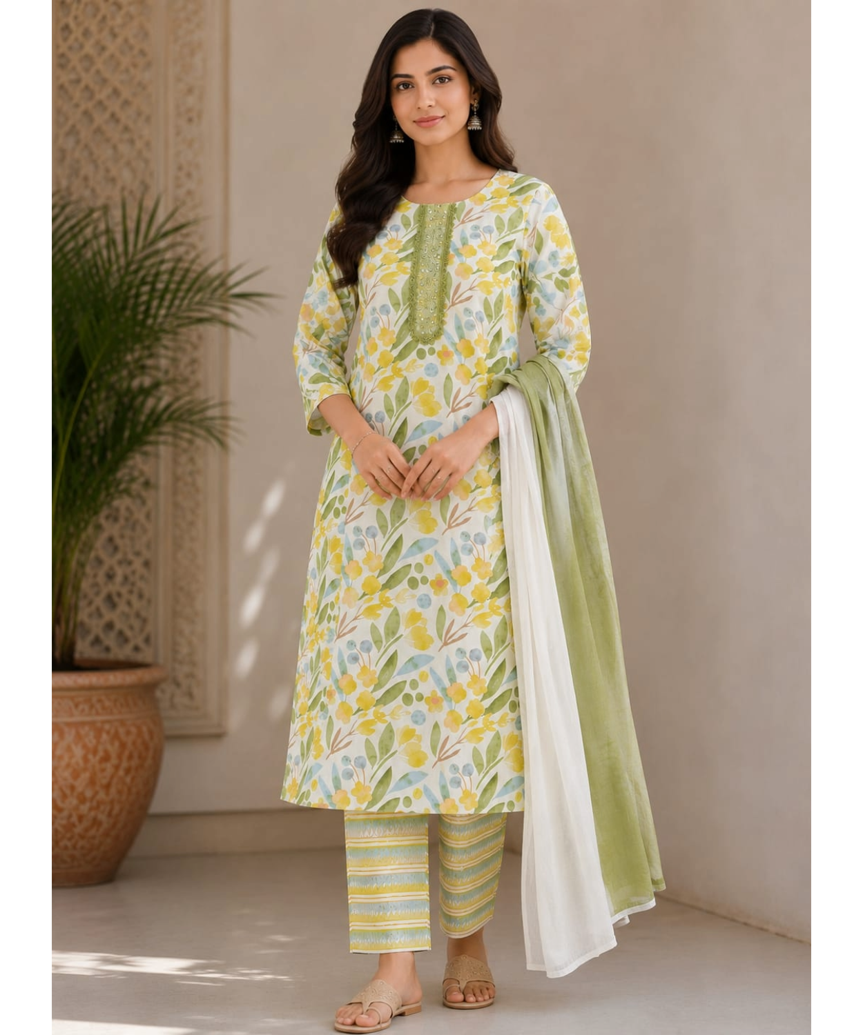 Floral Printed Cotton Kurta Set with Dupatta