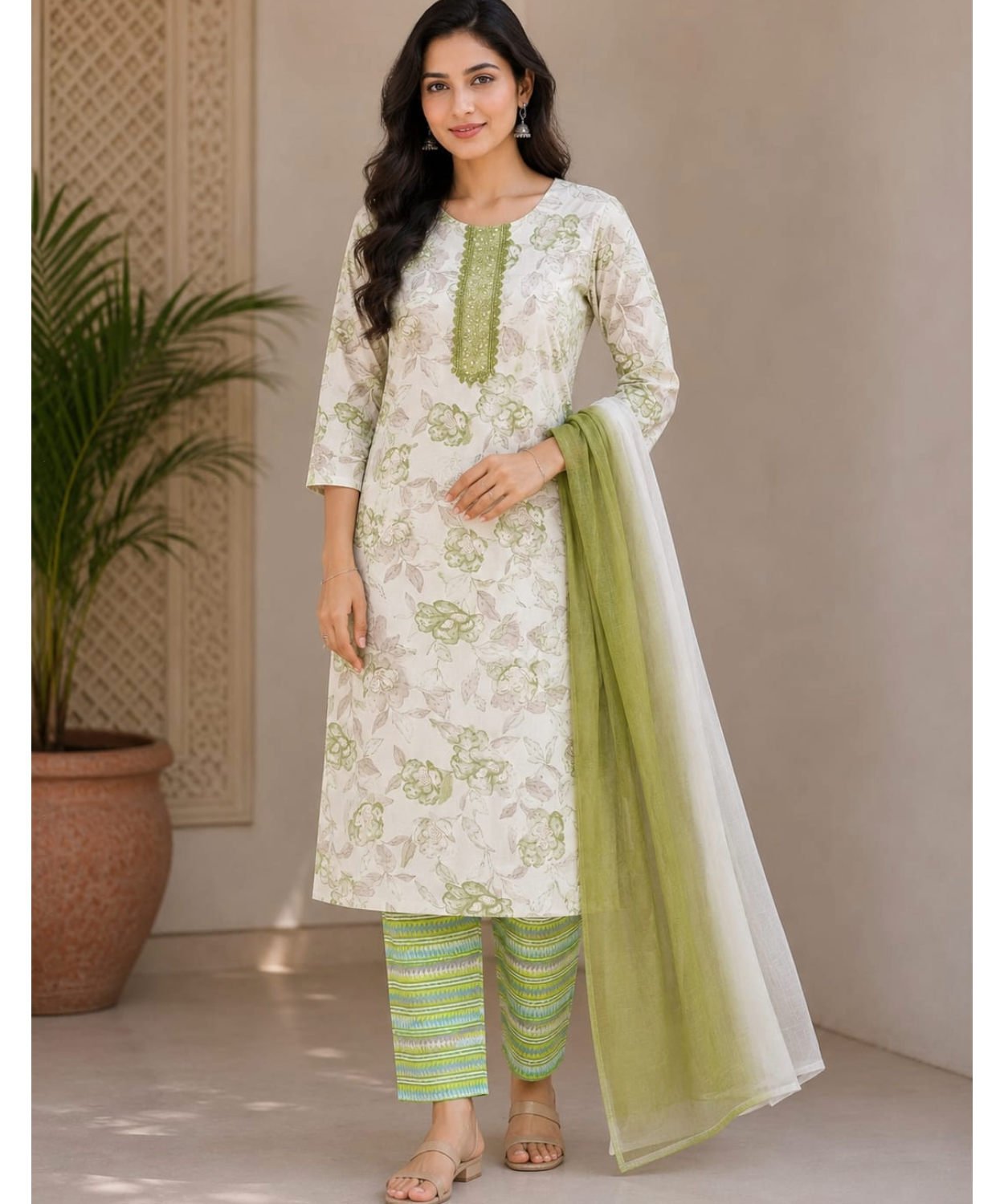 Elegant Floral Printed Cotton Kurta Pant Dupatta Set for Women