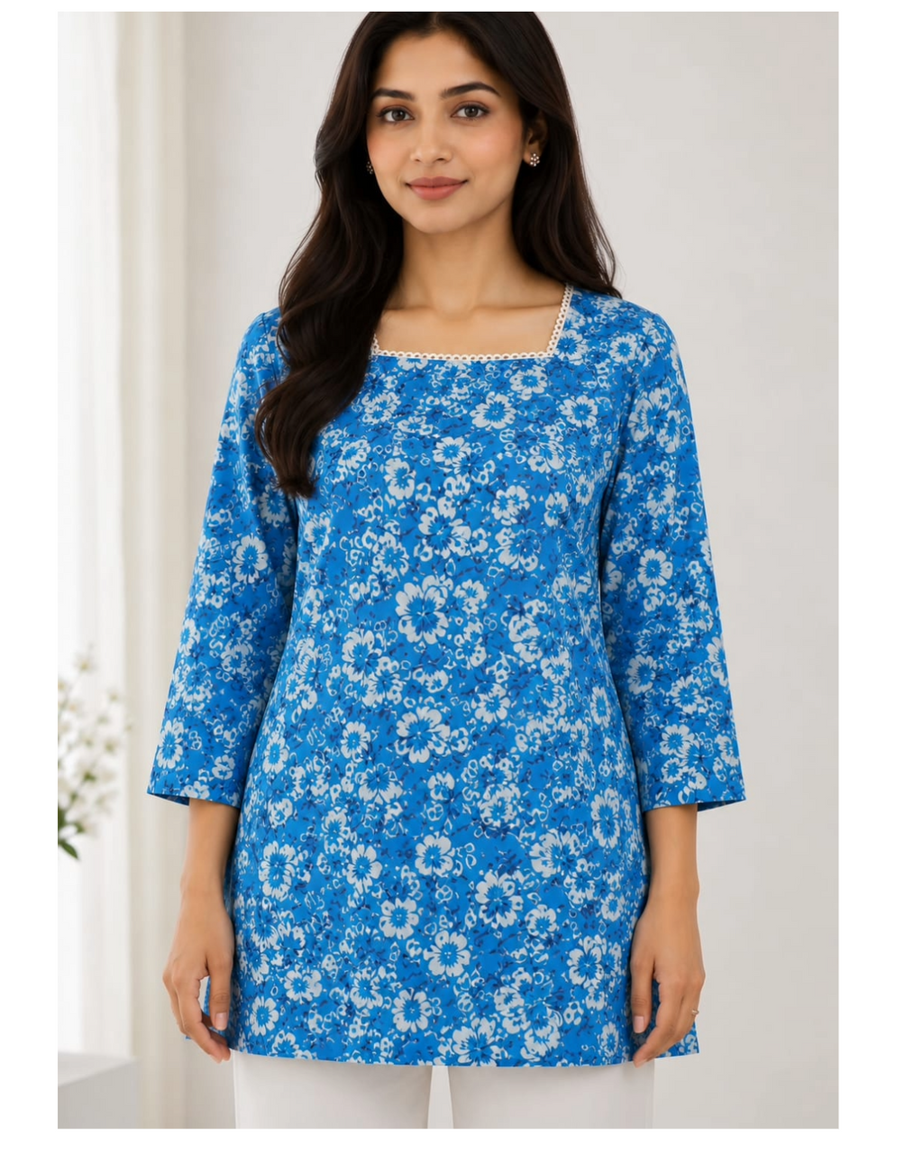 Blue Floral Printed Cotton Short Kurti for Women