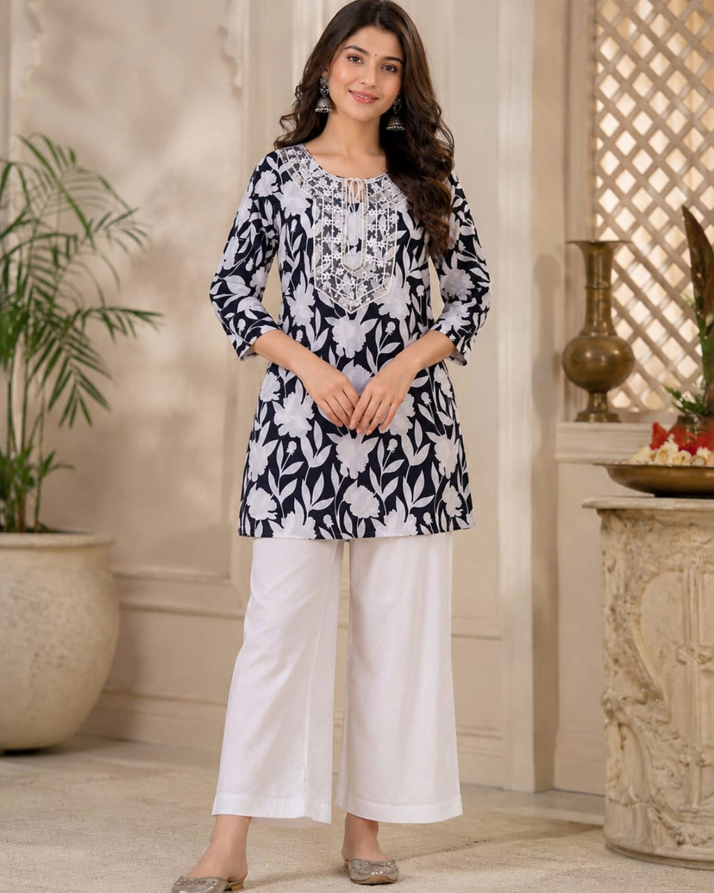Black & White Floral Printed Cotton Short Kurti for Women
