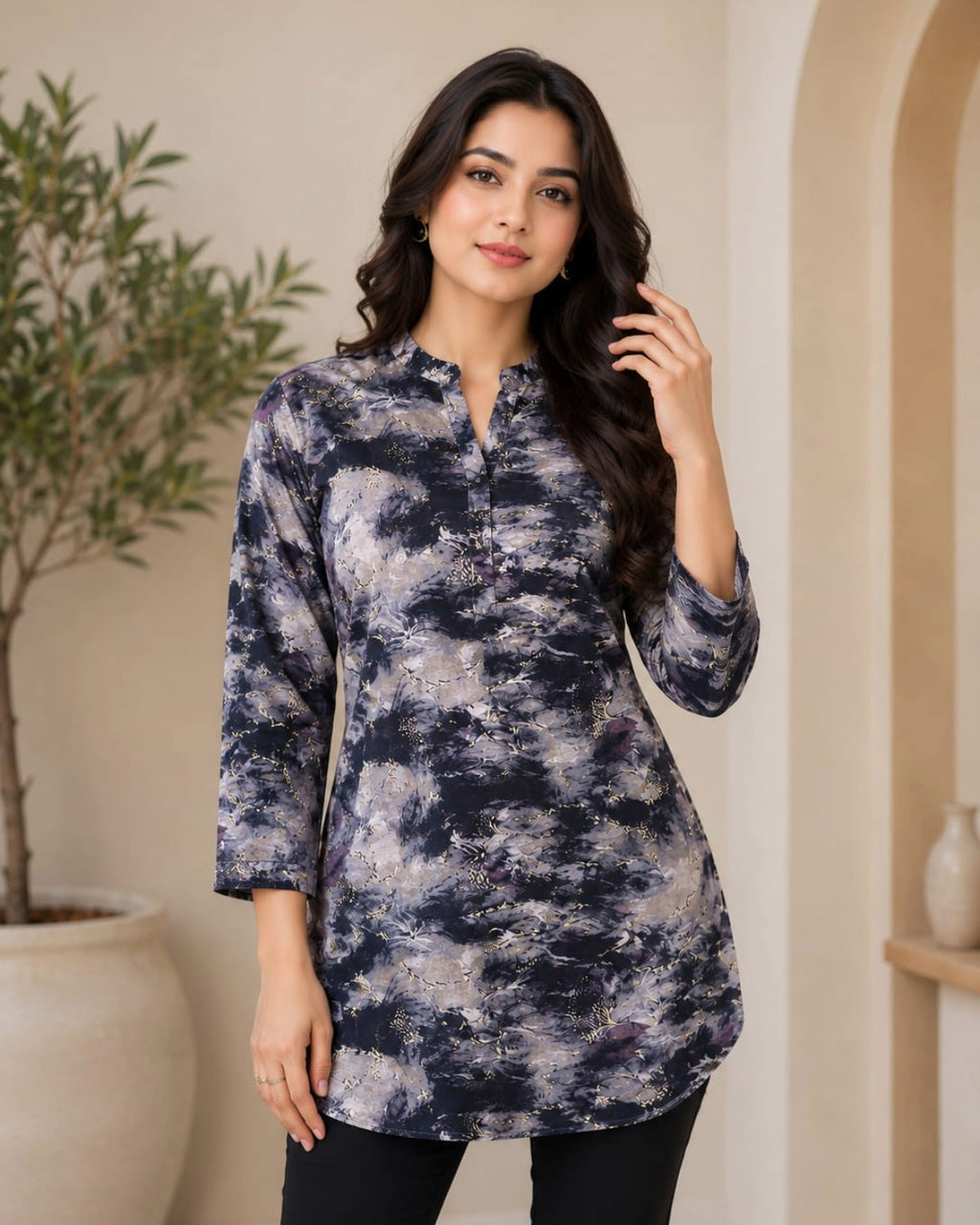 Black Abstract Printed Cotton Short Kurti – Women's Casual Wear