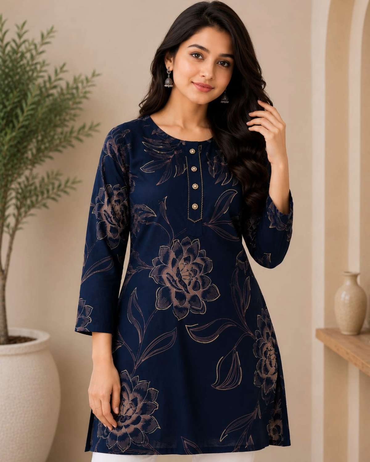 Navy Blue Floral Printed Cotton Short Kurti for Women