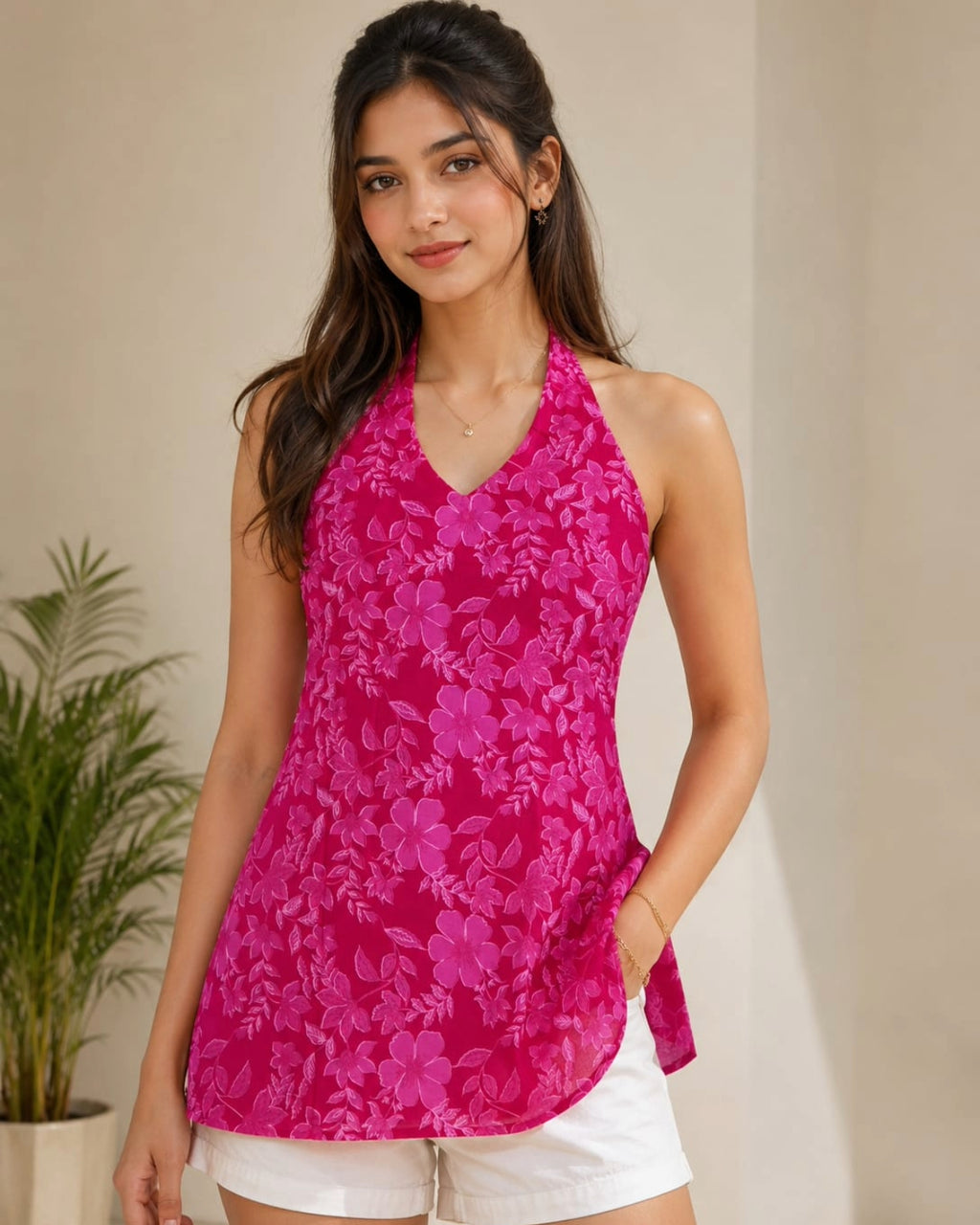 Pink Cotton Halter Neck Short Kurti