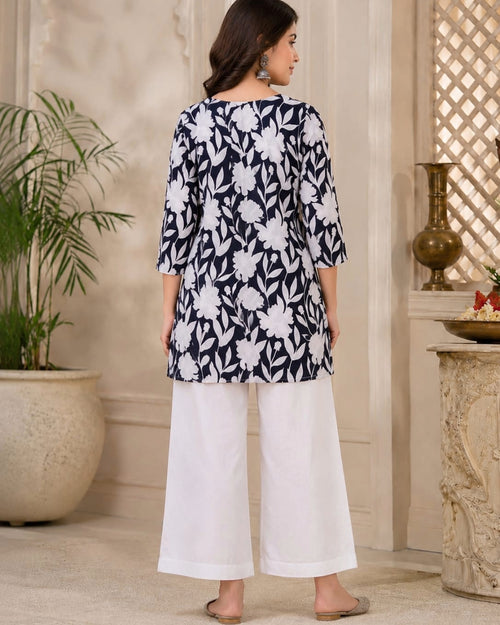 Black & White Floral Printed Cotton Short Kurti for Women