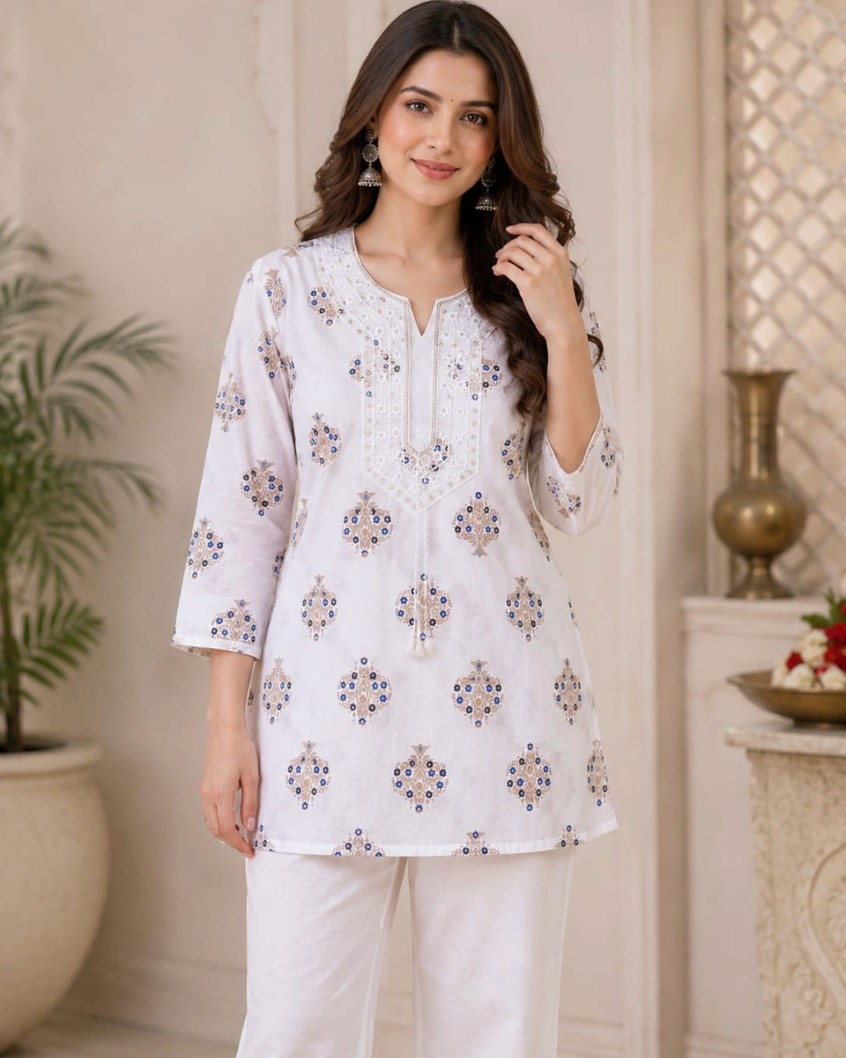Black & White Floral Printed Cotton Short Kurti for Women
