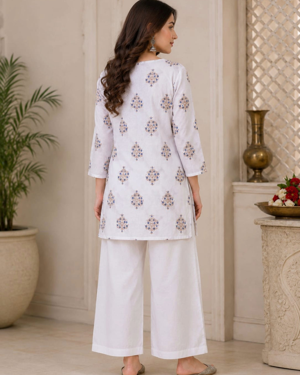 Black & White Floral Printed Cotton Short Kurti for Women