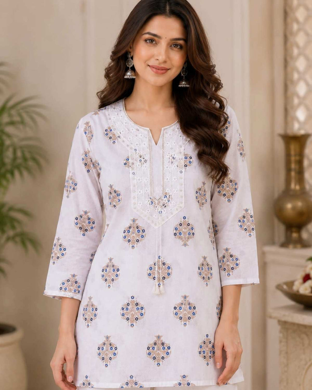 Black & White Floral Printed Cotton Short Kurti for Women