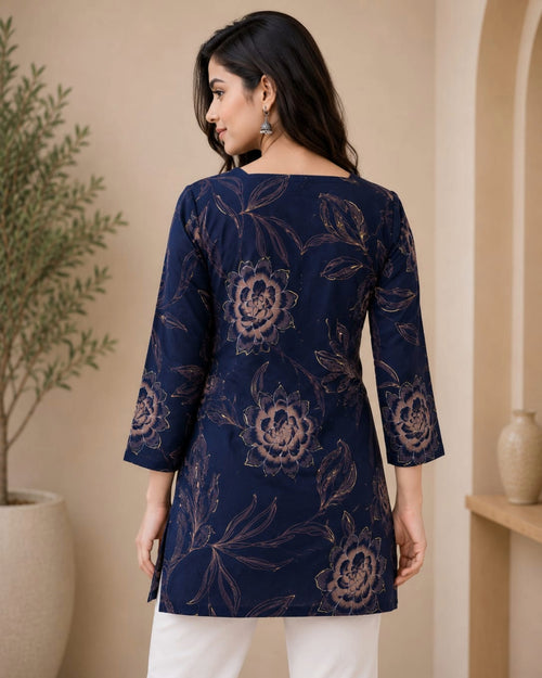 Navy Blue Floral Printed Cotton Short Kurti for Women