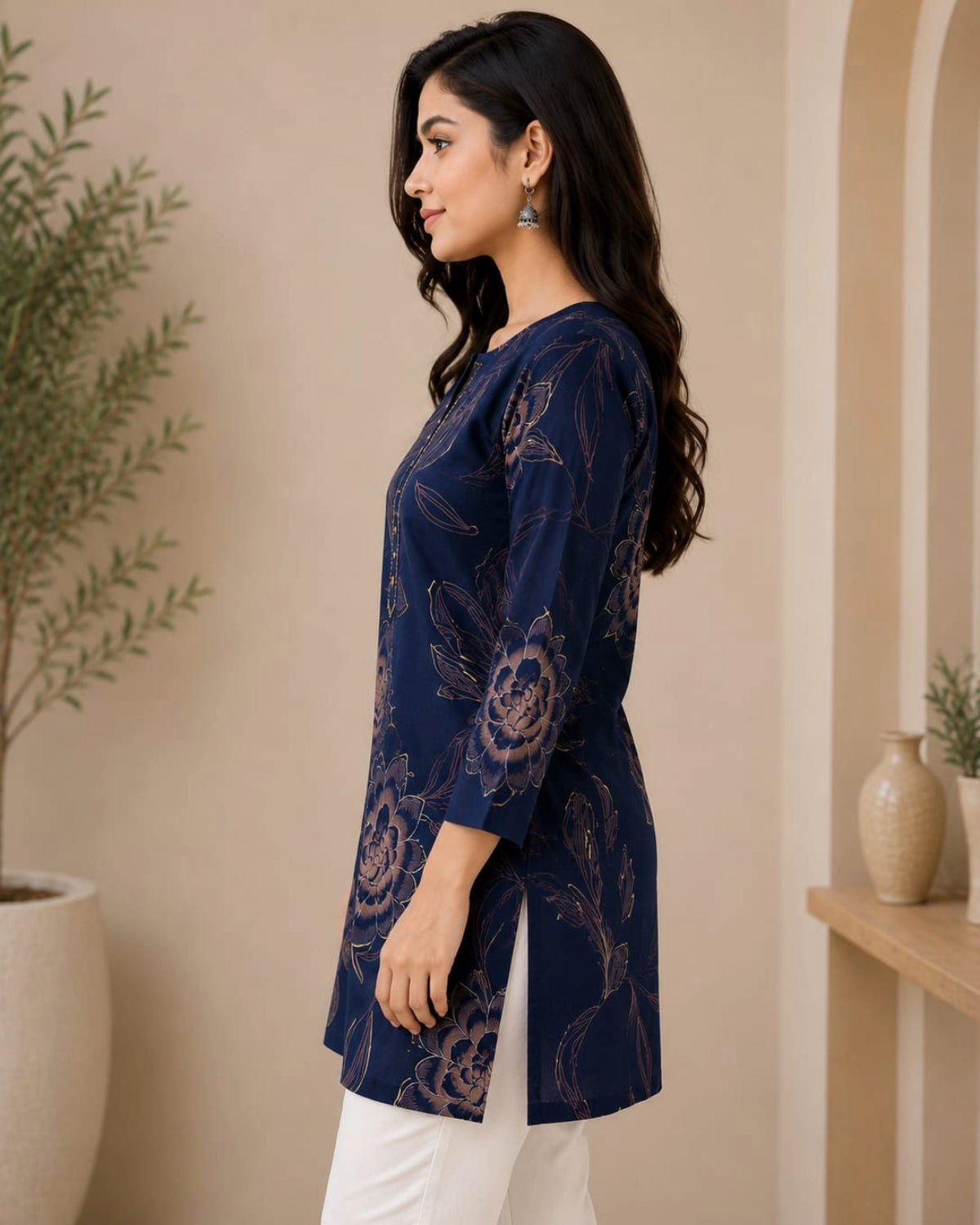 Navy Blue Floral Printed Cotton Short Kurti for Women