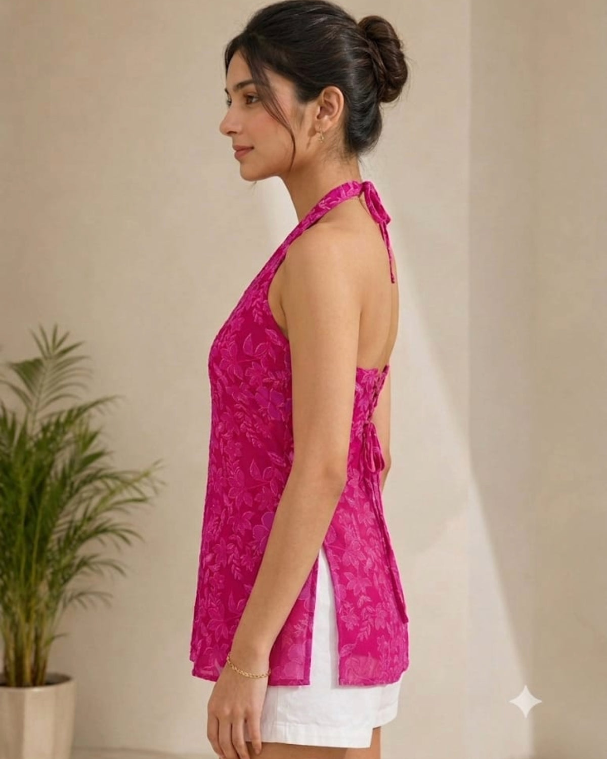 Pink Cotton Halter Neck Short Kurti