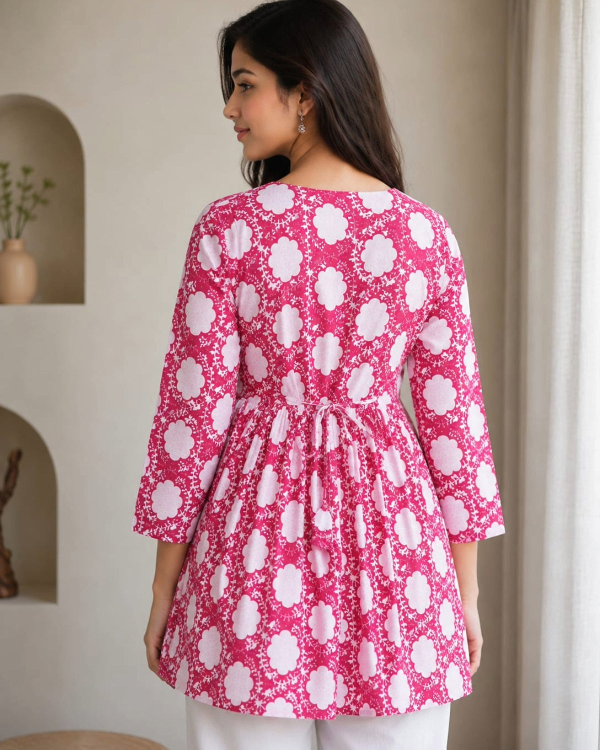 Women's Pink Floral Printed Cotton Short Kurti