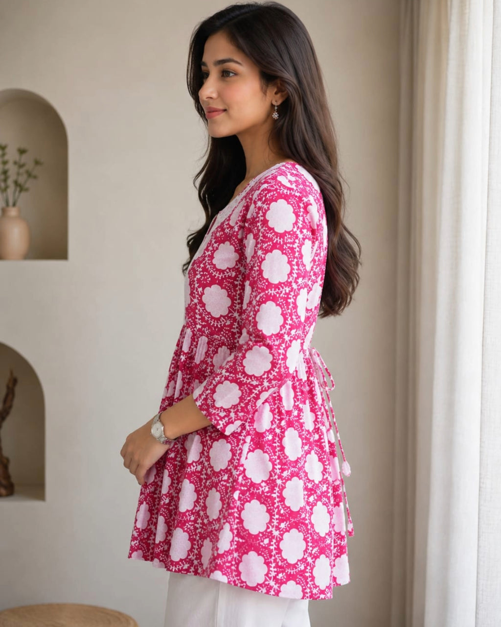 Women's Pink Floral Printed Cotton Short Kurti
