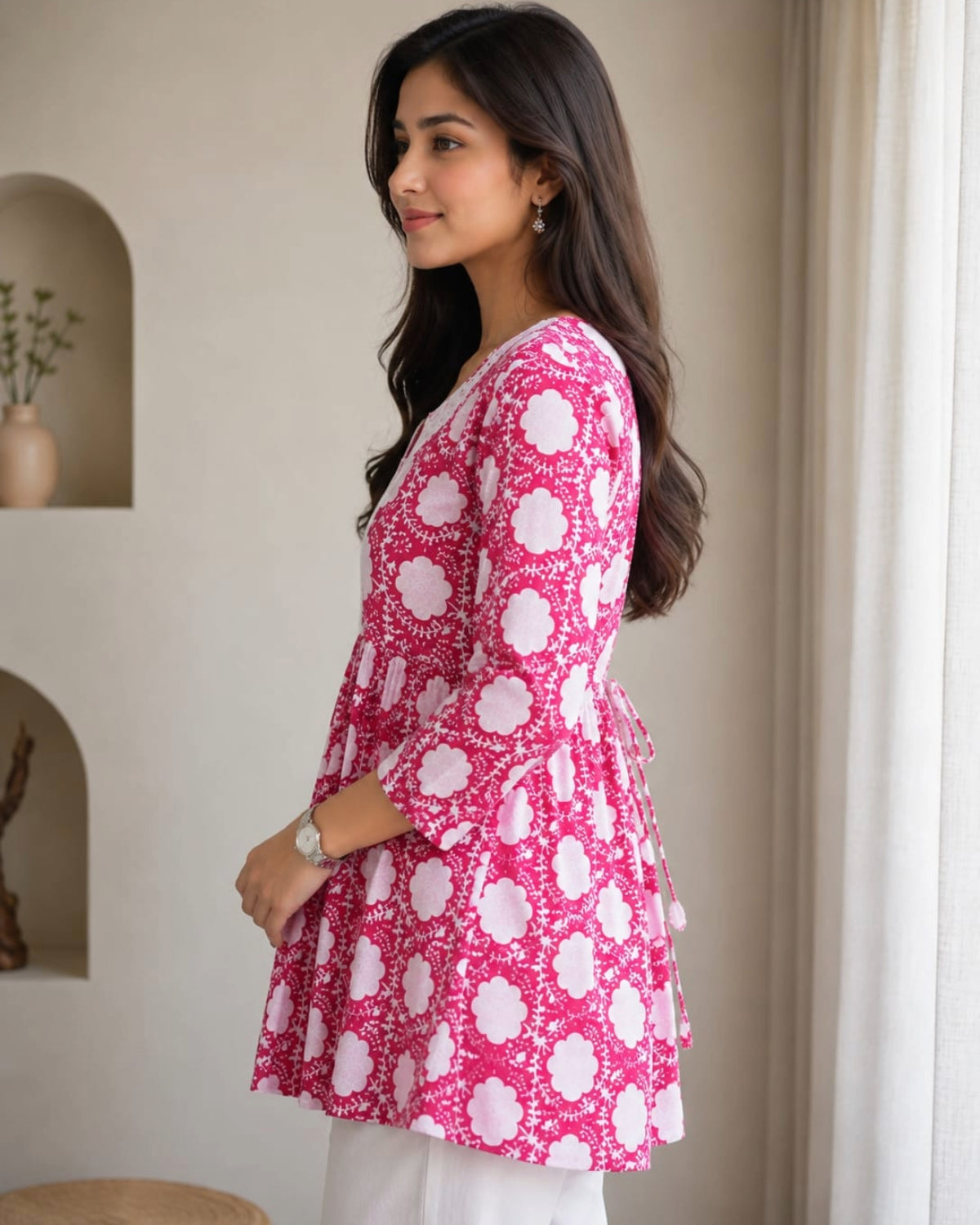 Women's Pink Floral Printed Cotton Short Kurti