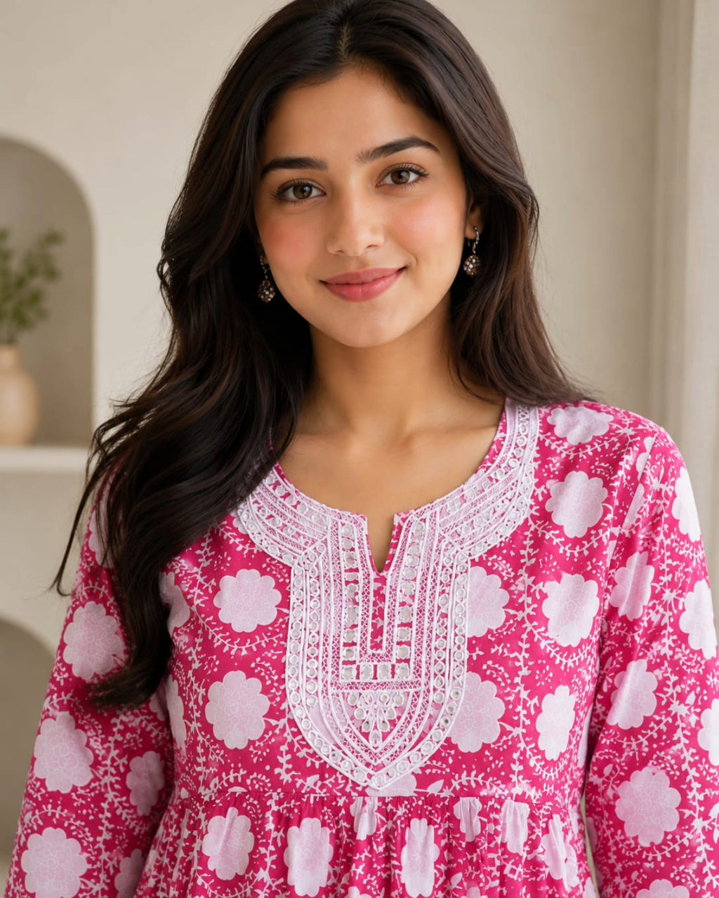 Women's Pink Floral Printed Cotton Short Kurti