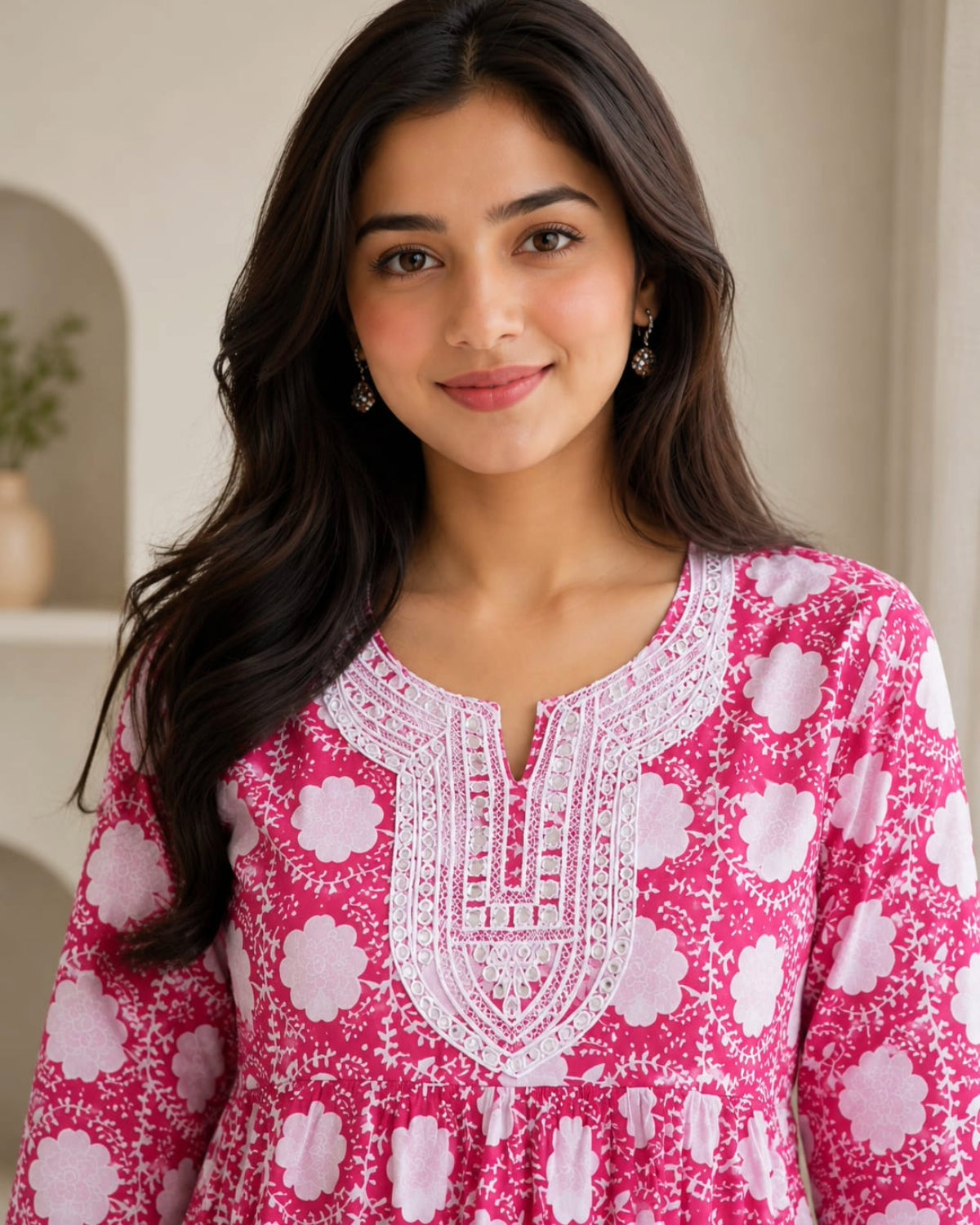 Women's Pink Floral Printed Cotton Short Kurti