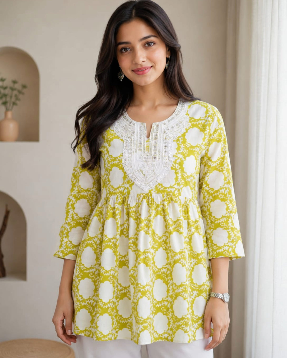 Women's Pink Floral Printed Cotton Short Kurti