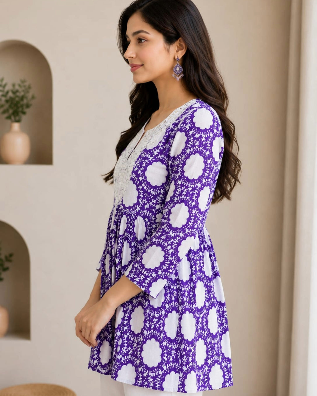 Women's Pink Floral Printed Cotton Short Kurti