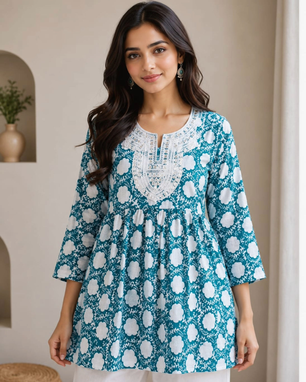 Women's Pink Floral Printed Cotton Short Kurti