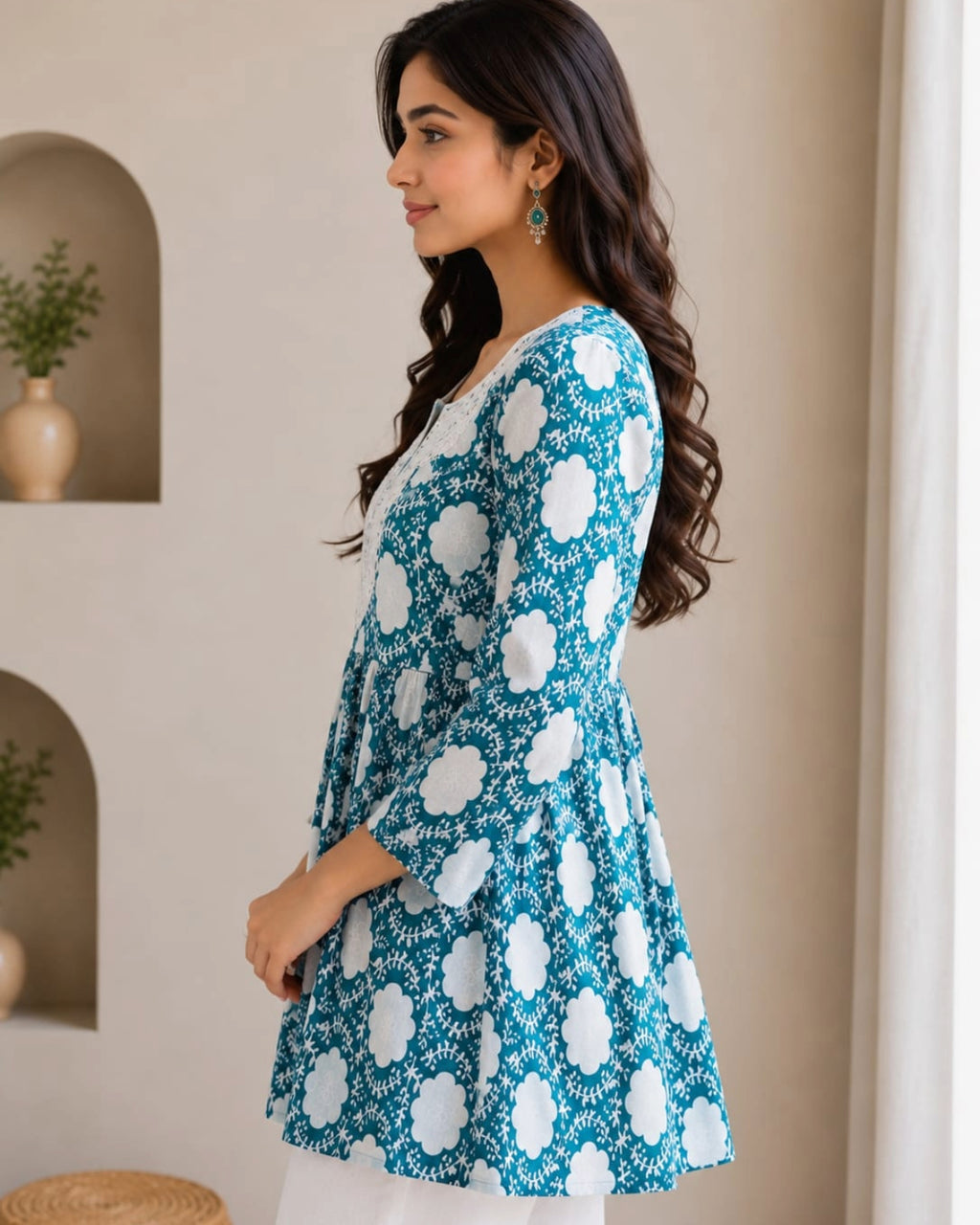 Women's Pink Floral Printed Cotton Short Kurti