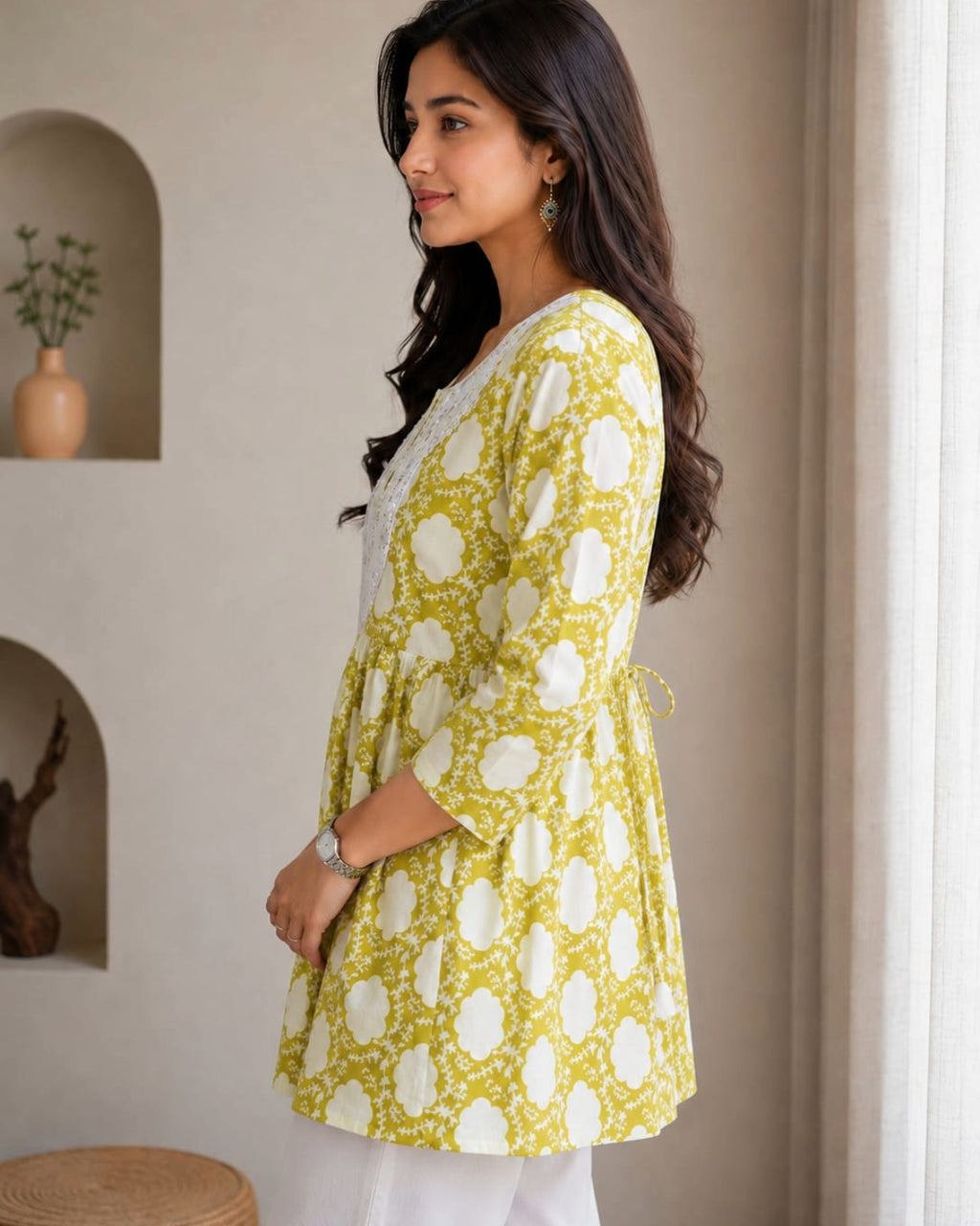 Women's Pink Floral Printed Cotton Short Kurti
