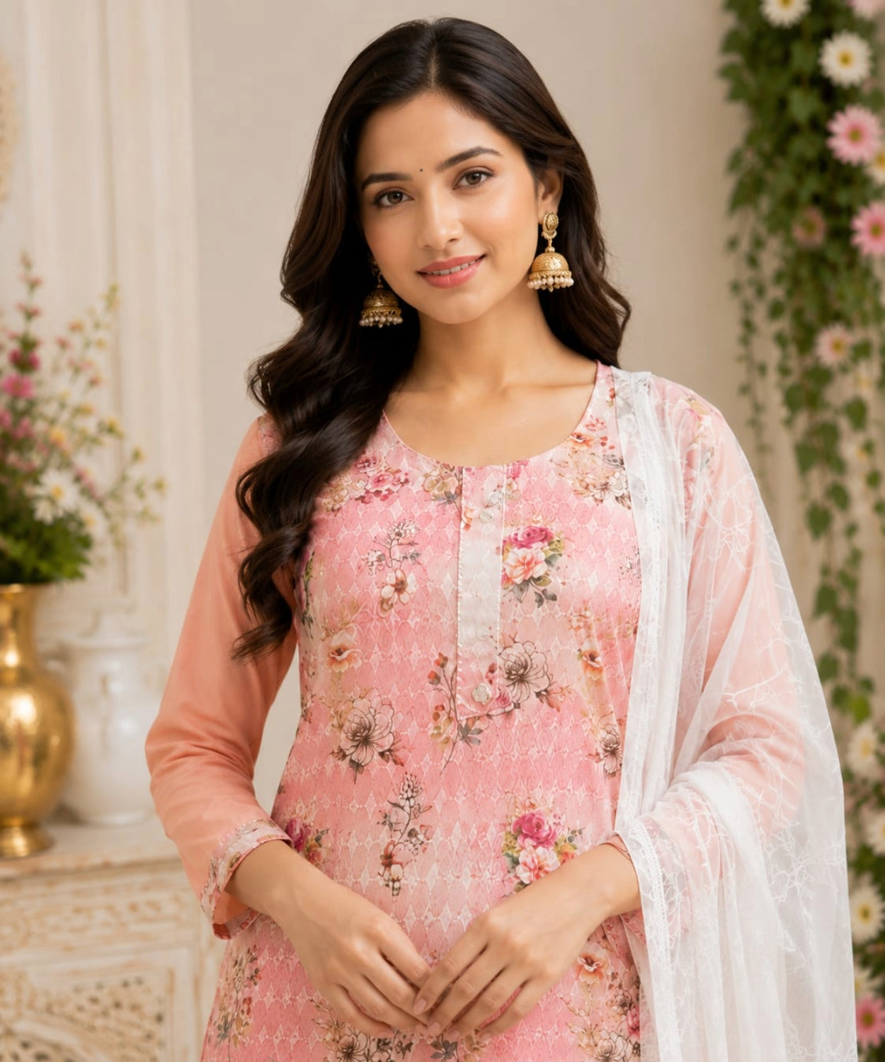 Pink Floral Chikankari Suit Set with Chiffon Dupatta