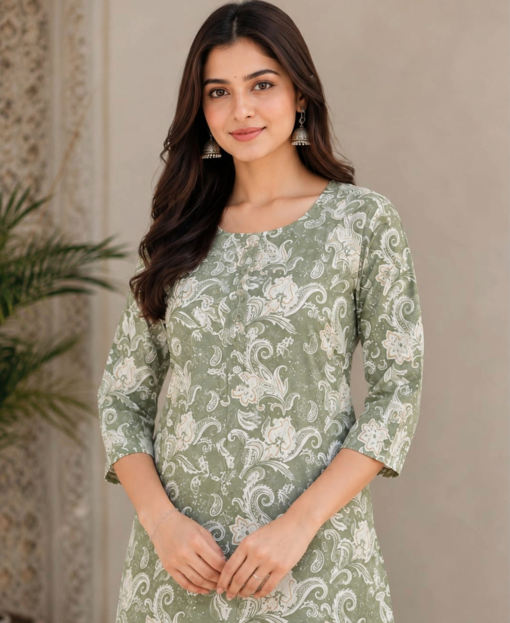 Sage Green Floral Printed Kurta with Straight Pant Set