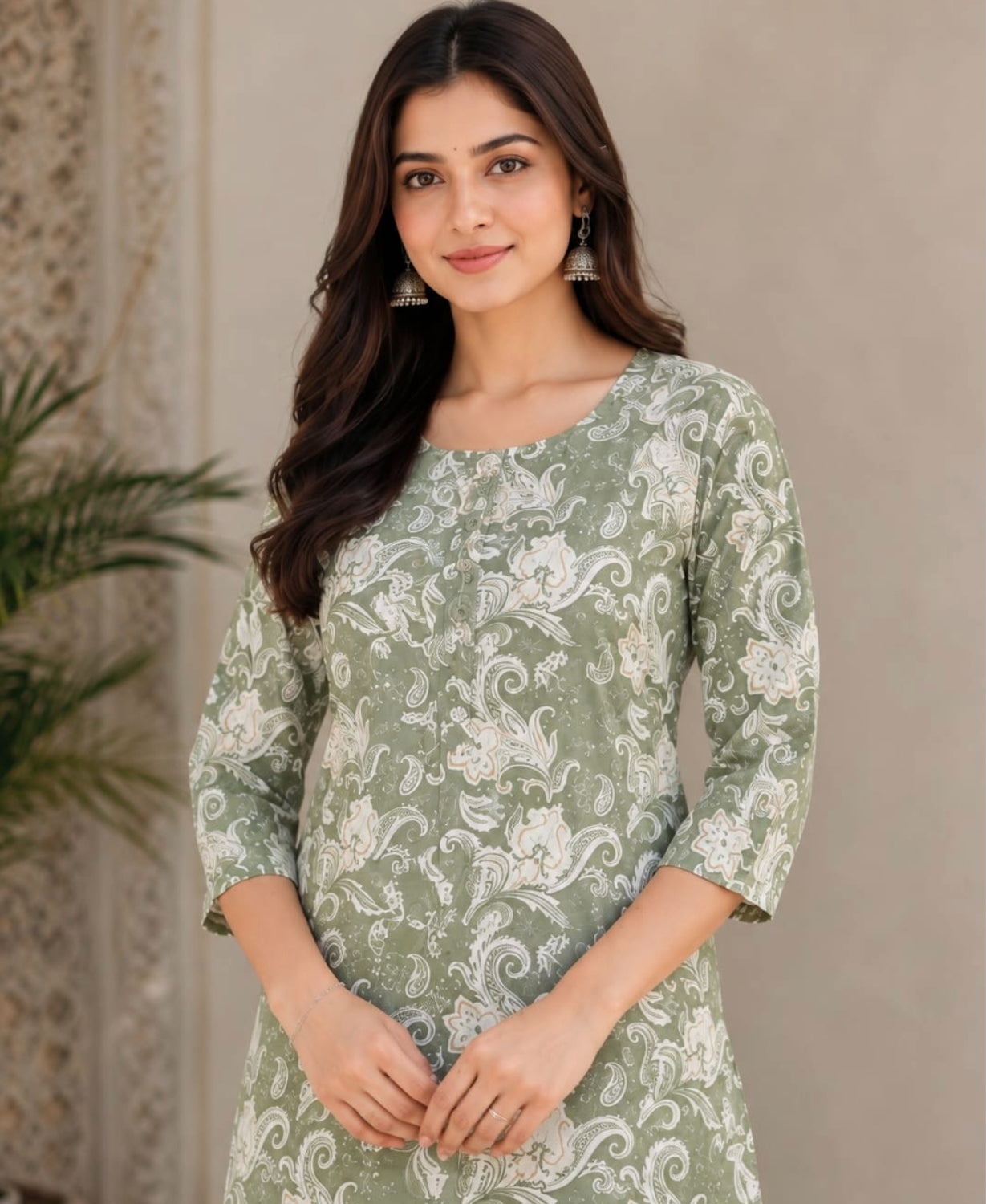 Sage Green Floral Printed Kurta with Straight Pant Set