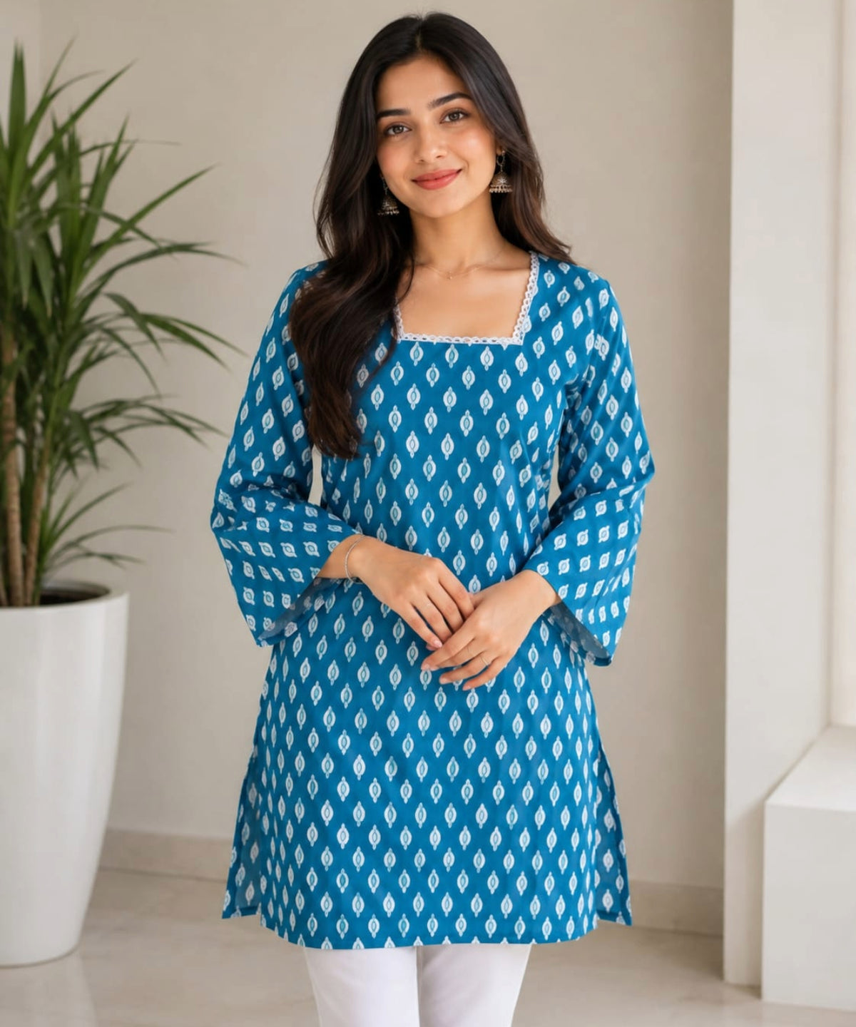 Women Rani Pink  & White Printed Short Kurti