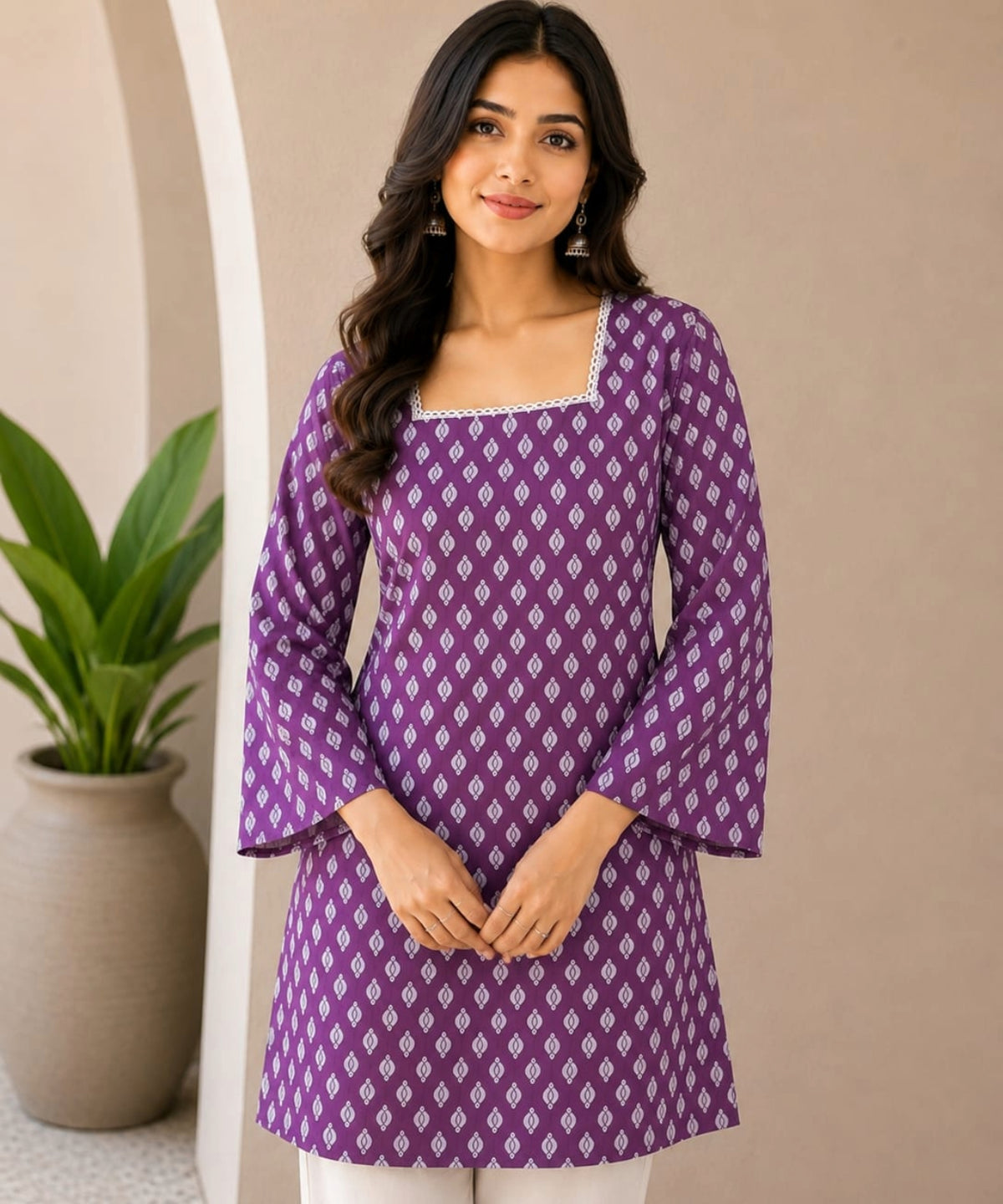 Women Rani Pink  & White Printed Short Kurti