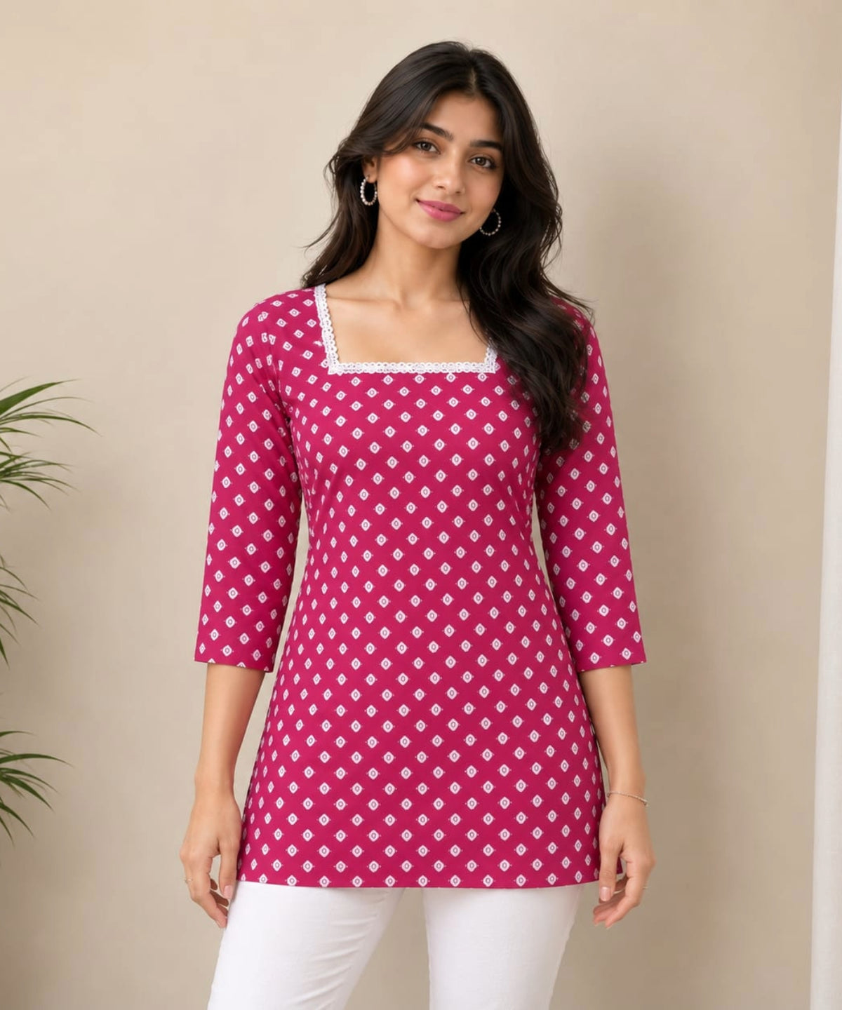 Women Rani Pink  & White Printed Short Kurti