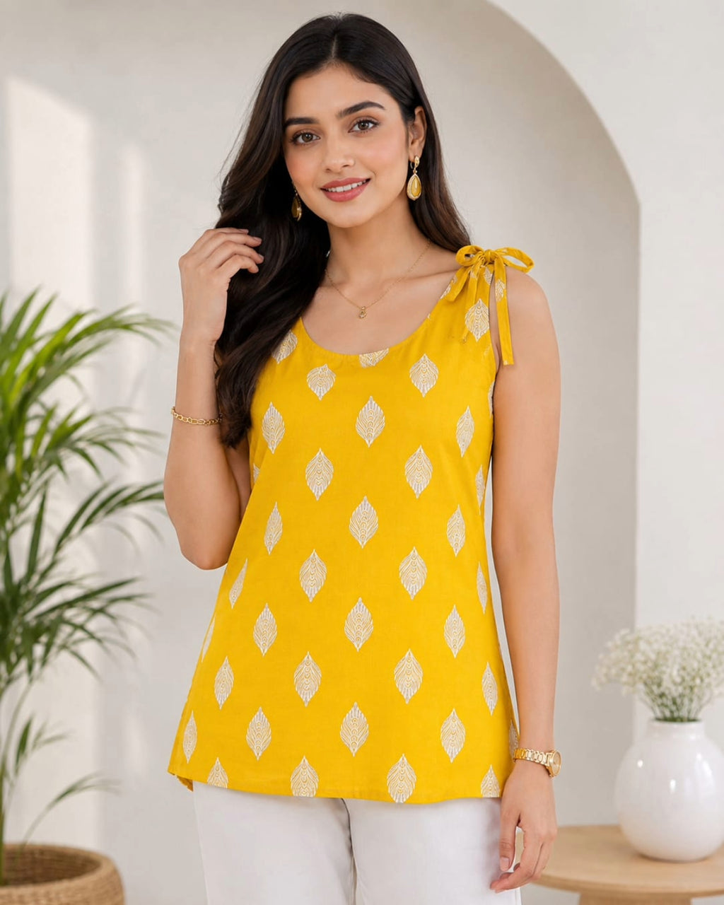 Elegant female model wearing a mustard yellow sleeveless cotton top with white geometric diamond print, tie-shoulder straps, paired with white pants, modern indoor lifestyle background, front view.